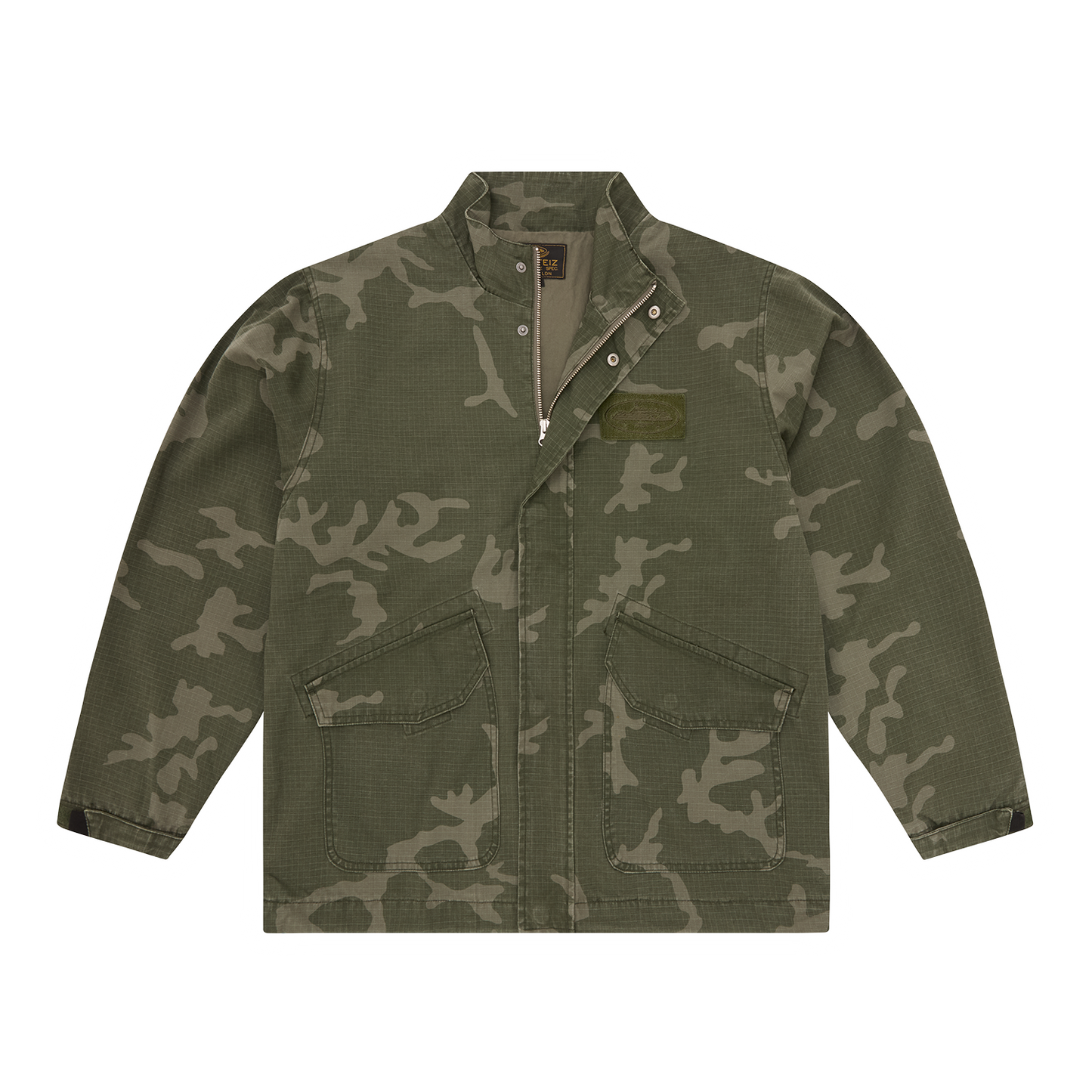 Corteiz Green Cotton Ripstop Guerillaz Jacket, Green Camo, back view showing ripstop construction