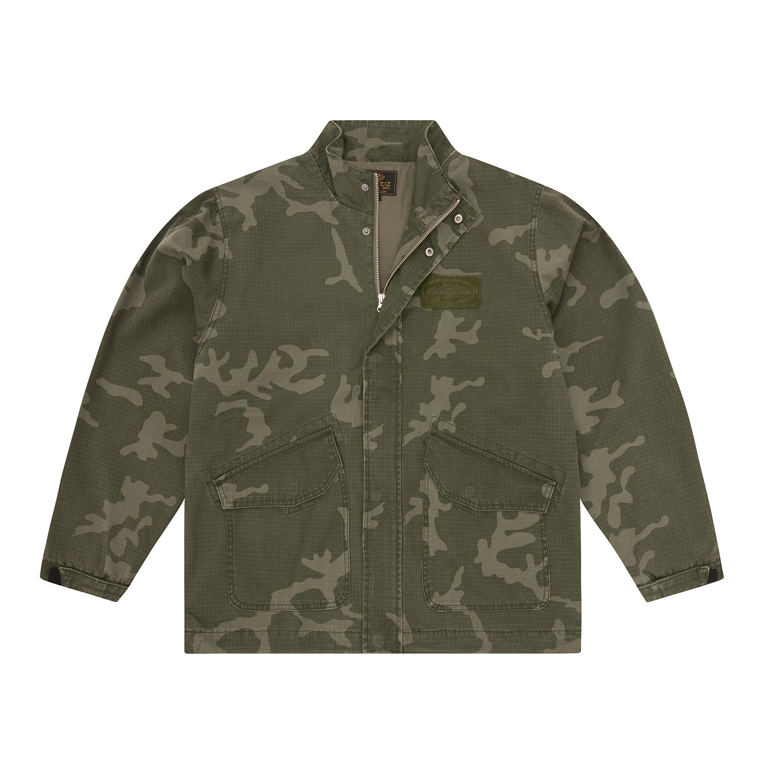 Corteiz Green Cotton Ripstop Guerillaz Jacket, Green Camo, back view showing ripstop construction