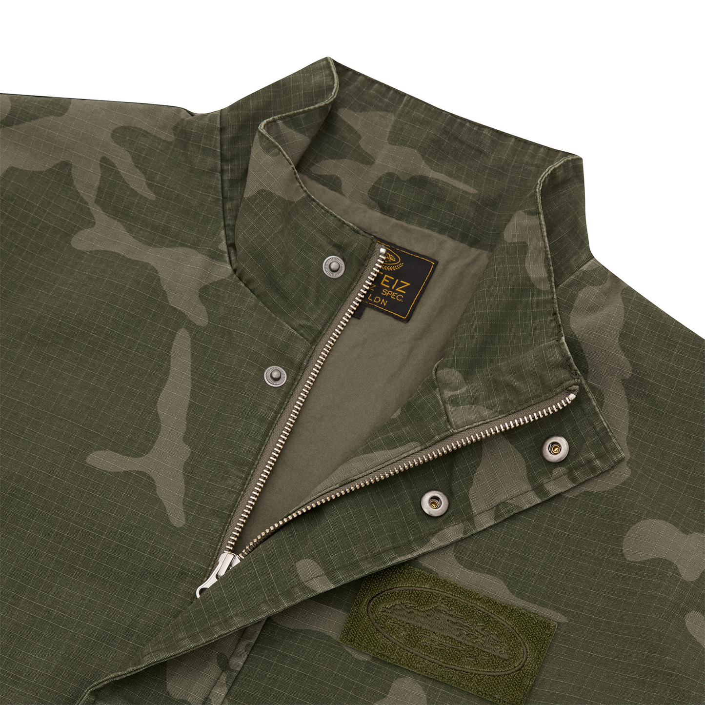 Corteiz Green Cotton Ripstop Guerillaz Jacket, Green Camo, close-up of velcro patch with Alcatraz embroidery