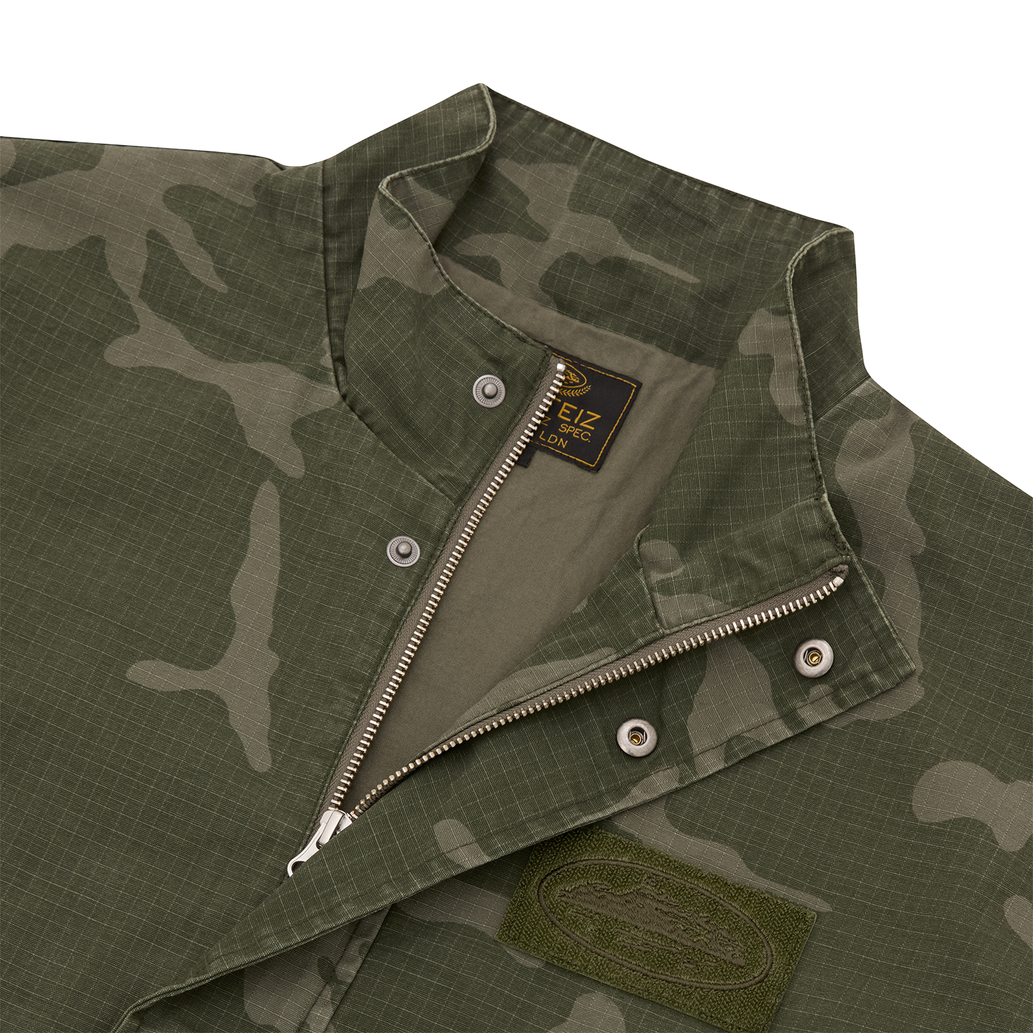Corteiz Green Cotton Ripstop Guerillaz Jacket, Green Camo, close-up of velcro patch with Alcatraz embroidery