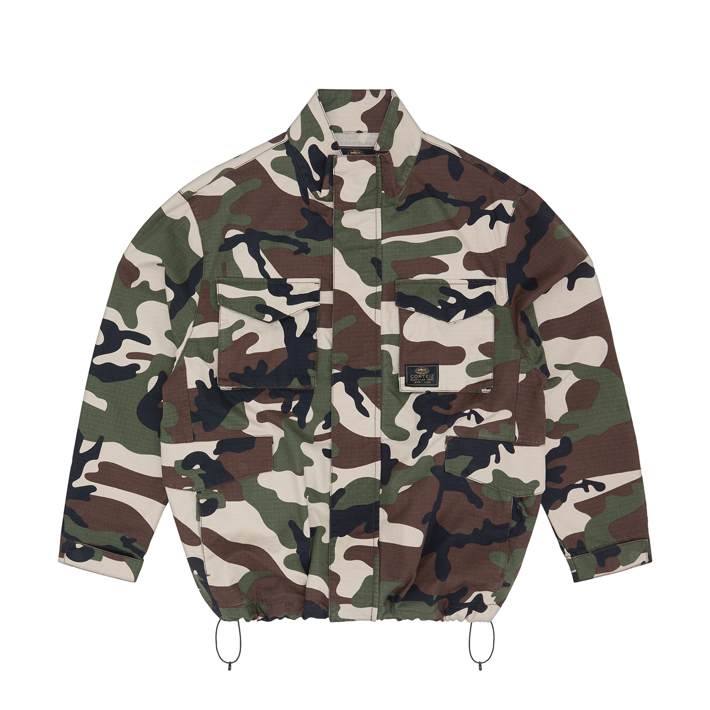 Corteiz Green Cotton Ripstop Guerillaz Field Jacket, Woodland Camo, front view showing camo print and pockets