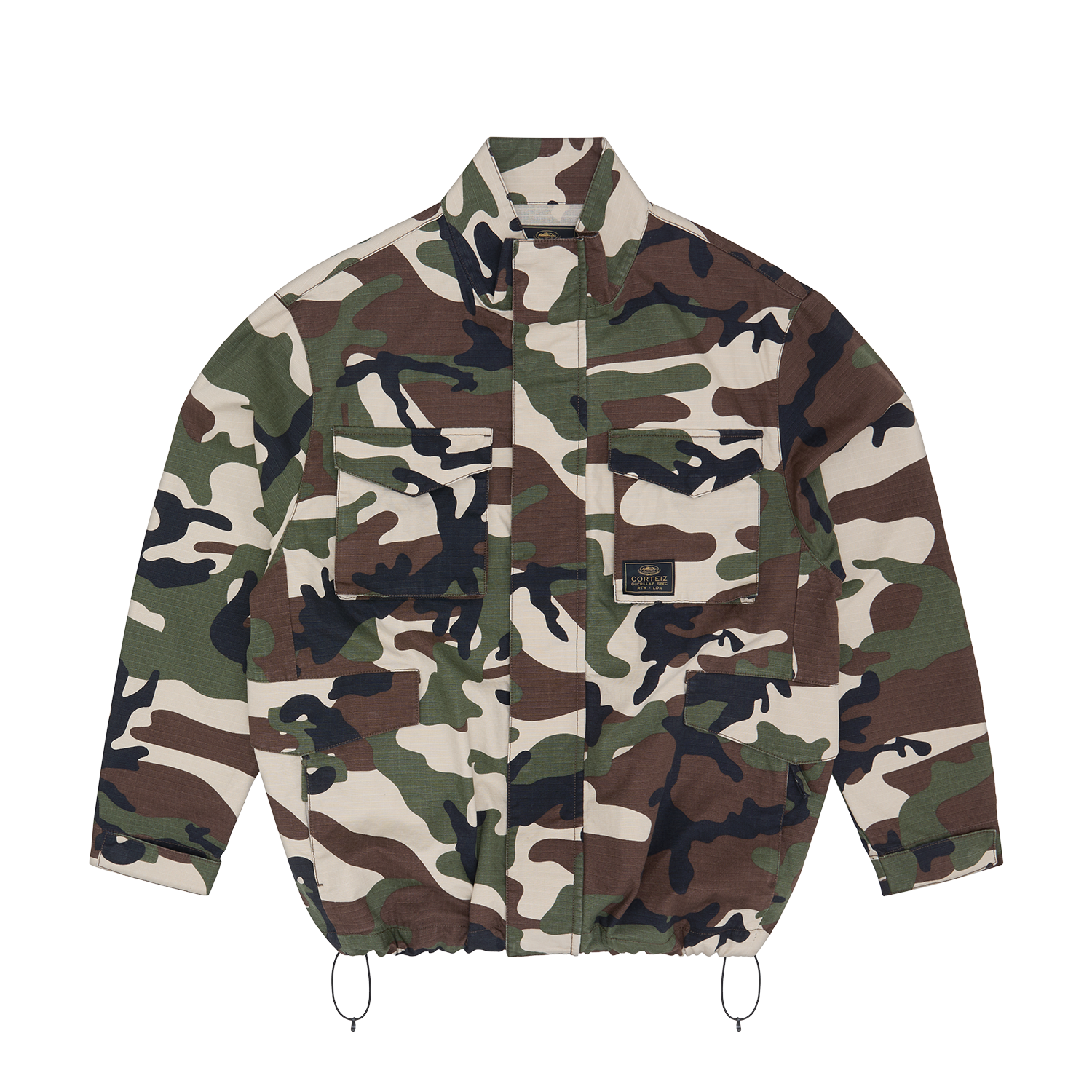 Corteiz Green Cotton Ripstop Guerillaz Field Jacket, Woodland Camo, front view showing camo print and pockets