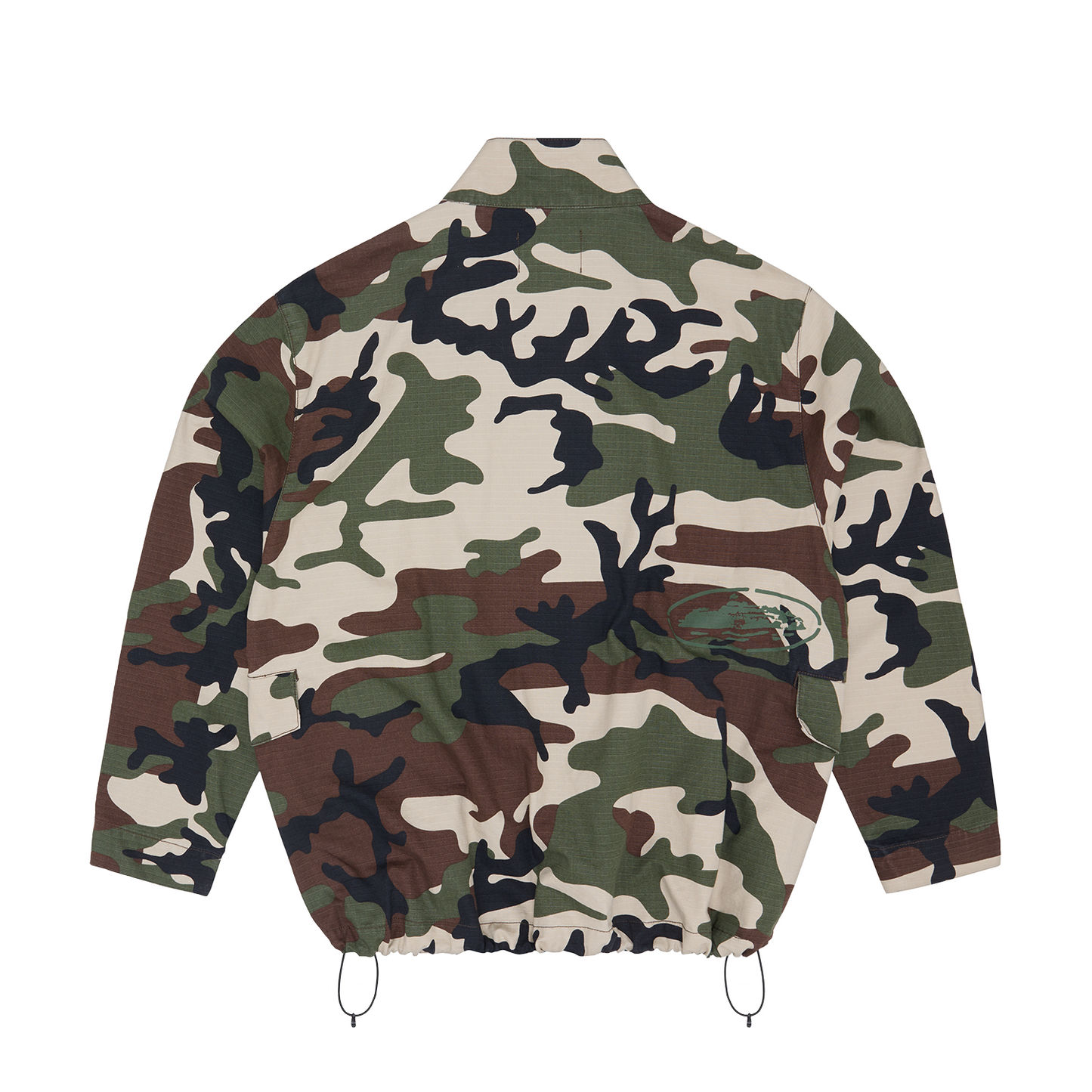 Corteiz Green Cotton Ripstop Guerillaz Field Jacket, Woodland Camo, back view showing full silhouette