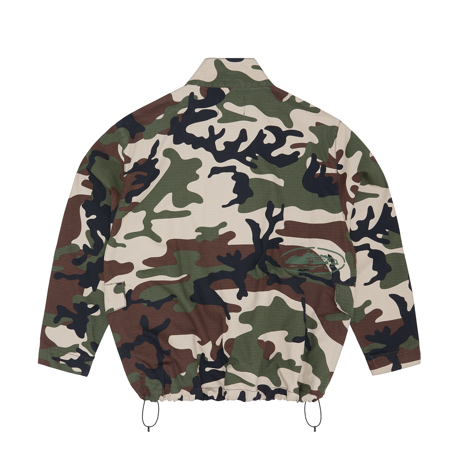Corteiz Green Cotton Ripstop Guerillaz Field Jacket, Woodland Camo, back view showing full silhouette