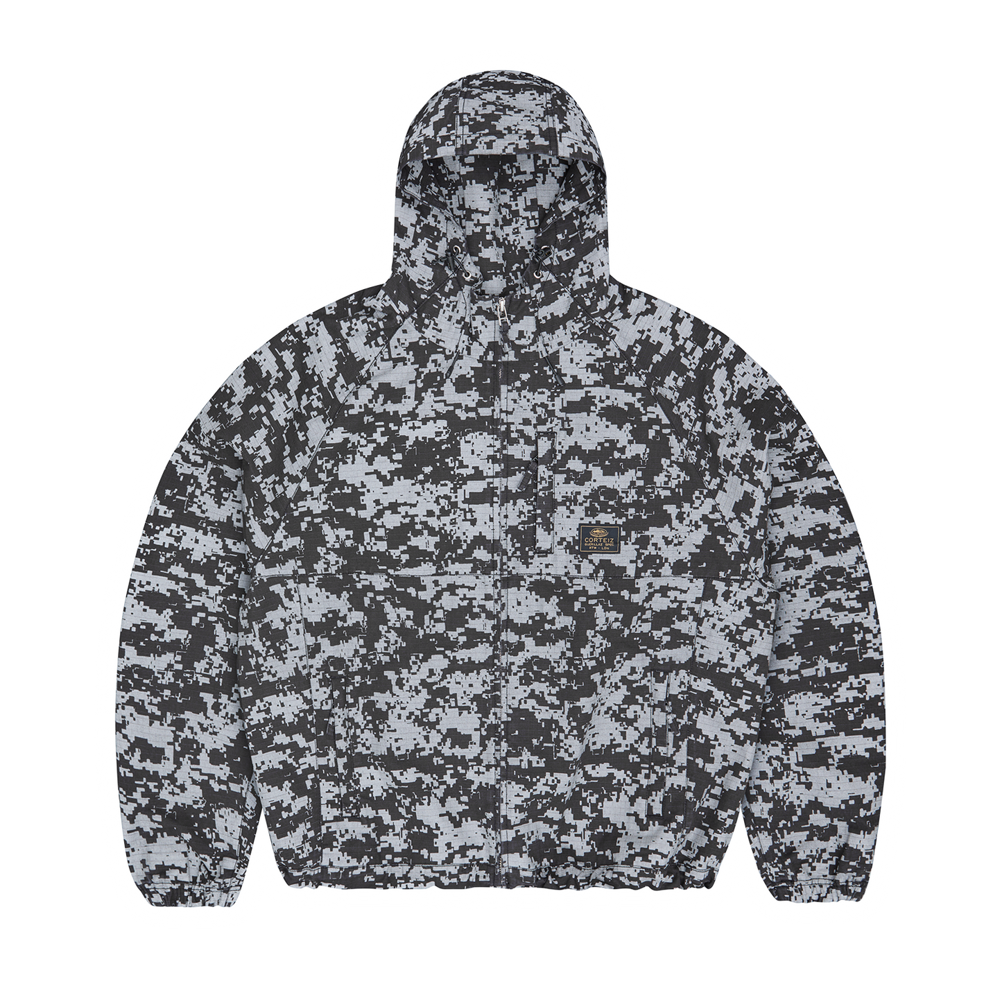 Corteiz Grey Ripstop Guerillaz Jacket, Reflective Camo, front view showing camo print and hood