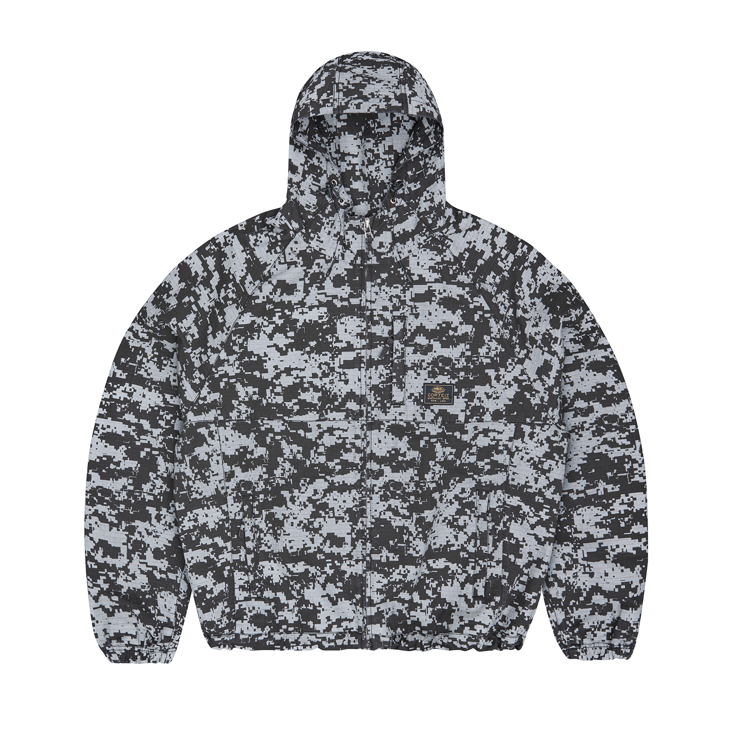 Corteiz Grey Ripstop Guerillaz Jacket, Reflective Camo, front view showing camo print and hood