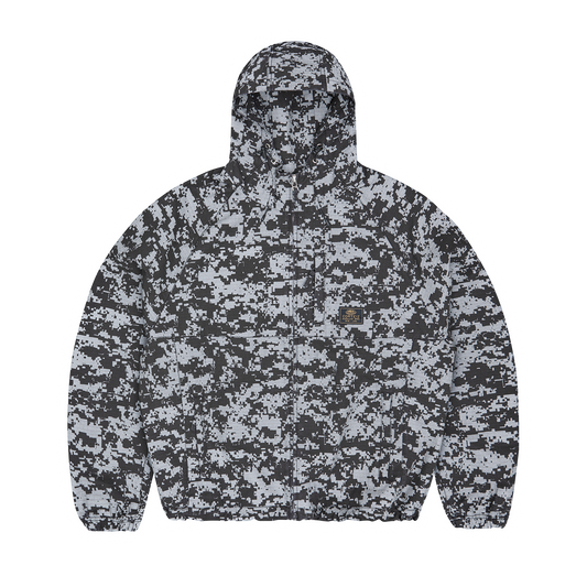 Corteiz Grey Ripstop Guerillaz Jacket, Reflective Camo, front view showing camo print and hood