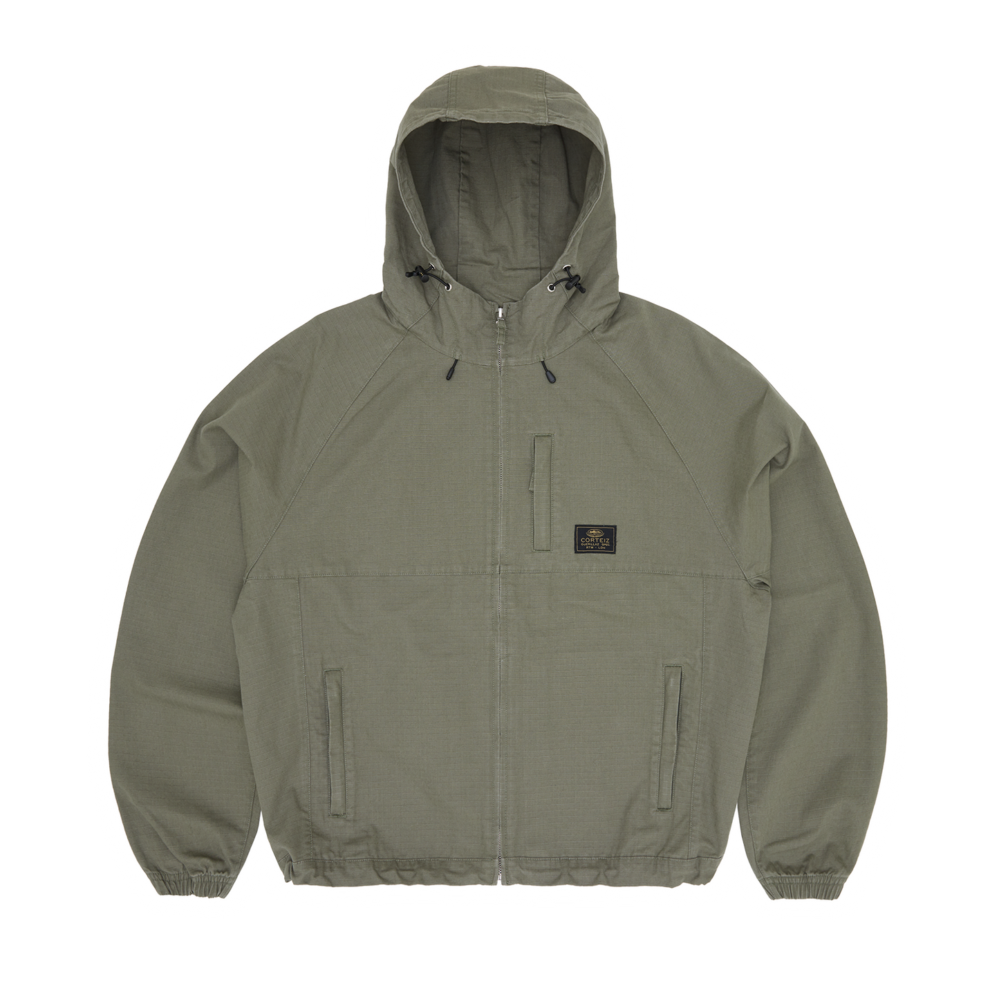 Corteiz Green Cotton Ripstop Guerillaz Jacket, Olive, front view showing hood with cord locks
