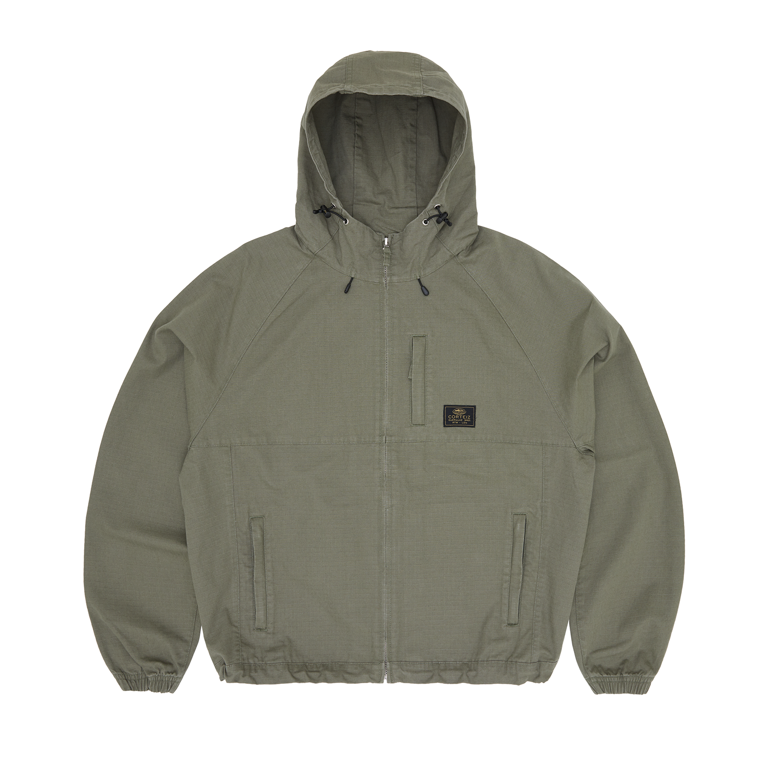 Corteiz Green Cotton Ripstop Guerillaz Jacket, Olive, front view showing hood with cord locks