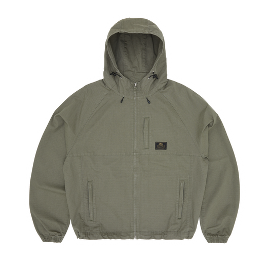 Corteiz Green Cotton Ripstop Guerillaz Jacket, Olive, front view showing hood with cord locks