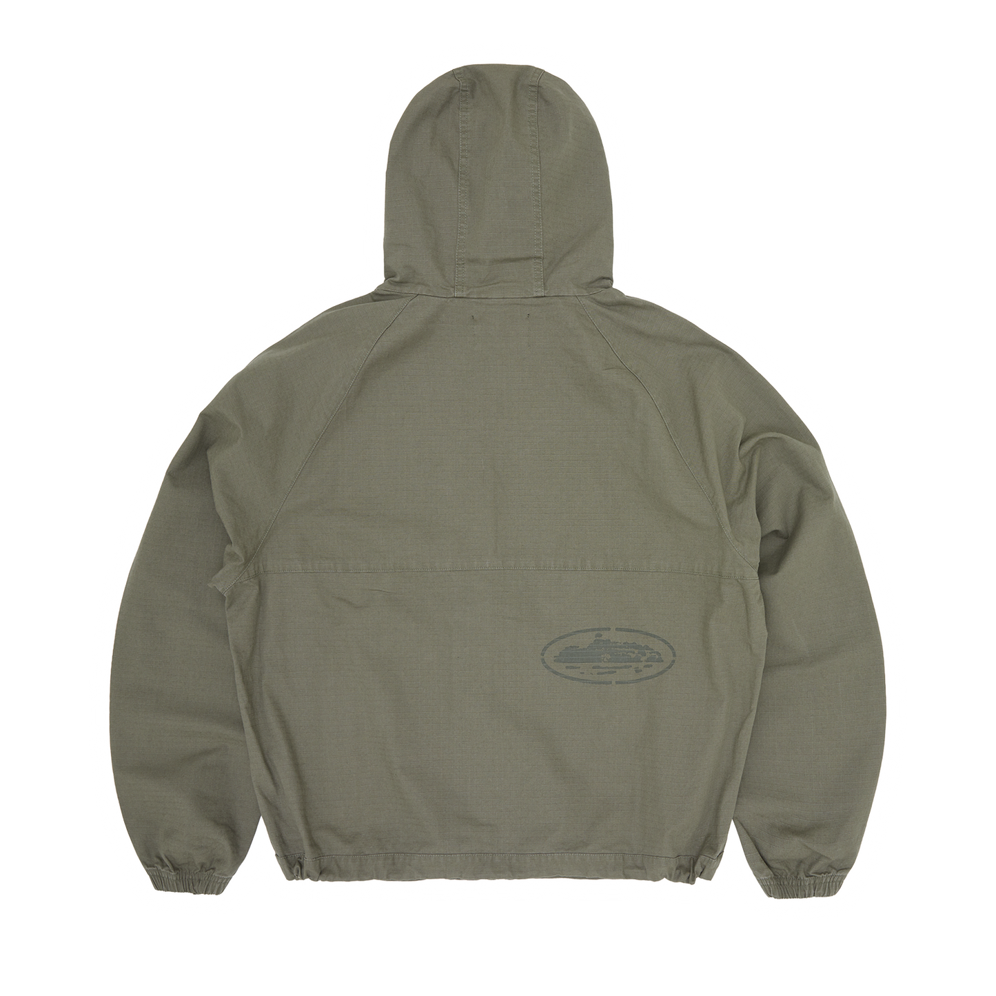 Corteiz Green Cotton Ripstop Guerillaz Jacket, Olive, back view showing Alcatraz stencil logo print