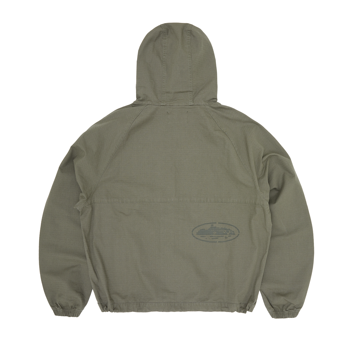 Corteiz Green Cotton Ripstop Guerillaz Jacket, Olive, back view showing Alcatraz stencil logo print