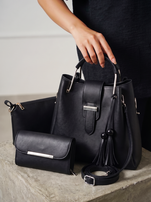 Bag It Alexa 3-Piece Vegan Leather Handbag Set - Black