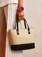 Bag It Grace Two-Tone Handbag - Beige and Black Vegan Leather