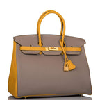 Hermes Birkin 35 Etoupe and Jaune Ambre Togo Brushed Gold Hardware