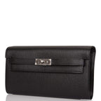 Hermes Black Chevre Kelly Wallet To Go Palladium Hardware