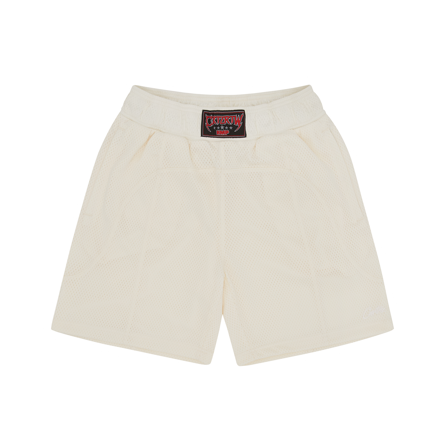 Corteiz Beige Polyester Mesh Shorts, Cream, front view showing woven waistband logo and drawstring