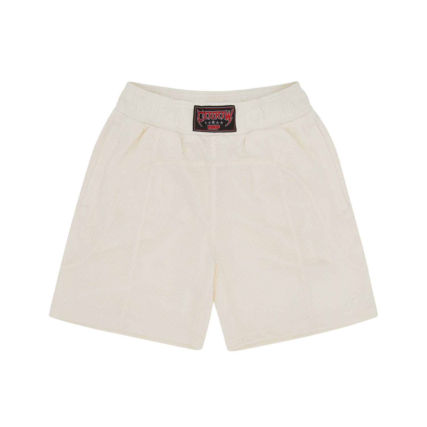 Corteiz Beige Polyester Mesh Shorts, Cream, front view showing woven waistband logo and drawstring