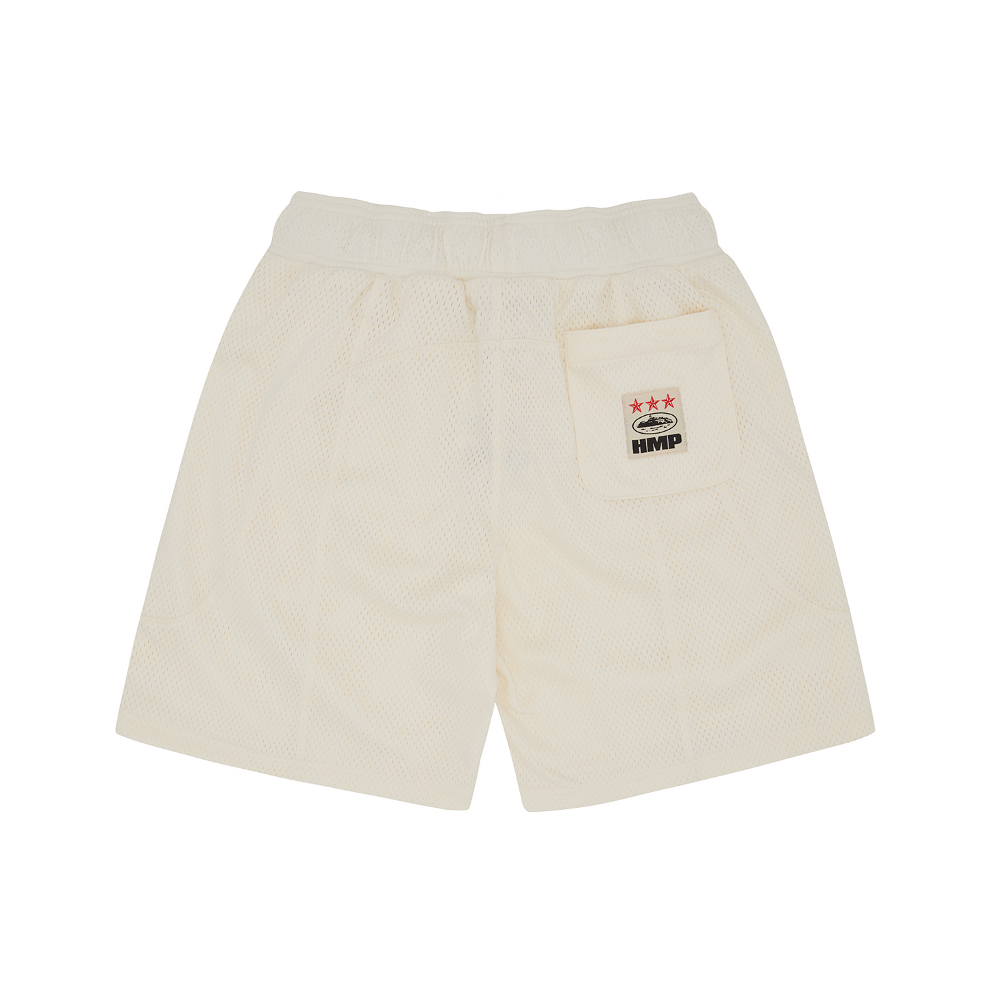Corteiz Beige Polyester Mesh Shorts, Cream, close-up of slit-stitch paneling and welt pocket with YKK zipper