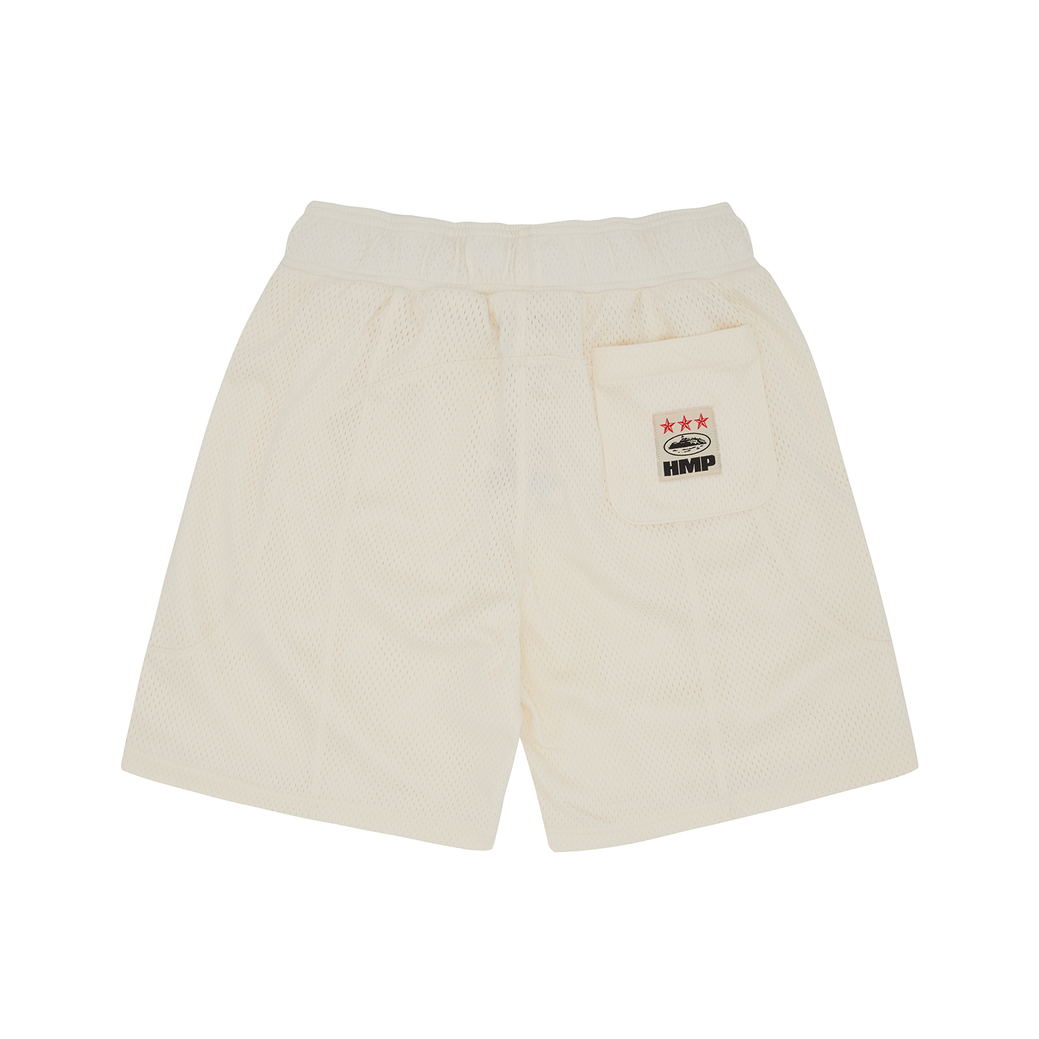 Corteiz Beige Polyester Mesh Shorts, Cream, close-up of slit-stitch paneling and welt pocket with YKK zipper