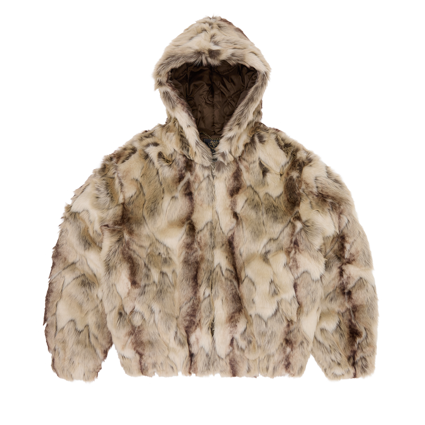 Corteiz Brown Faux Fur Pelt Hooded Jacket, Fawn, front view showing faux fur outer and hood