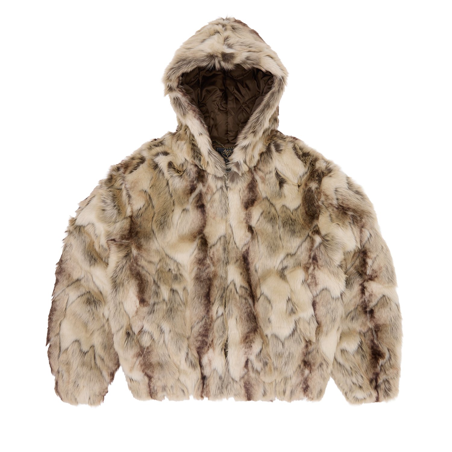 Corteiz Brown Faux Fur Pelt Hooded Jacket, Fawn, front view showing faux fur outer and hood