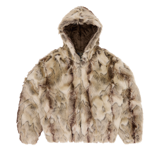 Corteiz Brown Faux Fur Pelt Hooded Jacket, Fawn, front view showing faux fur outer and hood