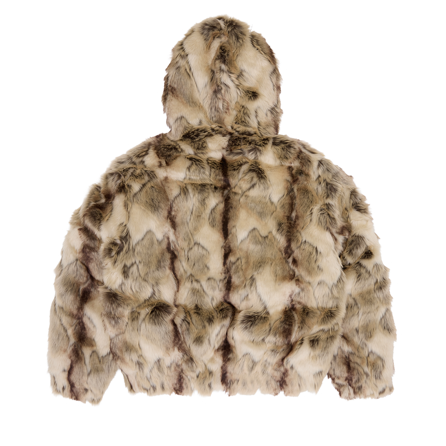 Corteiz Brown Faux Fur Pelt Hooded Jacket, Fawn, back view showing full length silhouette