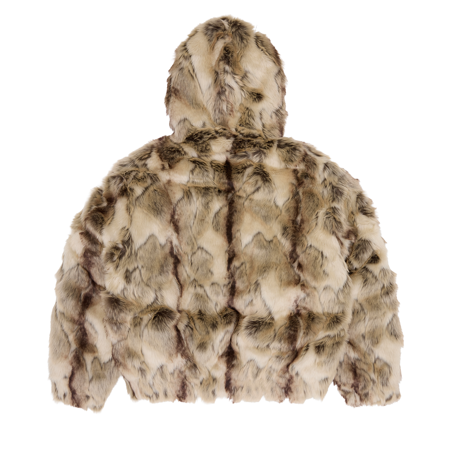 Corteiz Brown Faux Fur Pelt Hooded Jacket, Fawn, back view showing full length silhouette