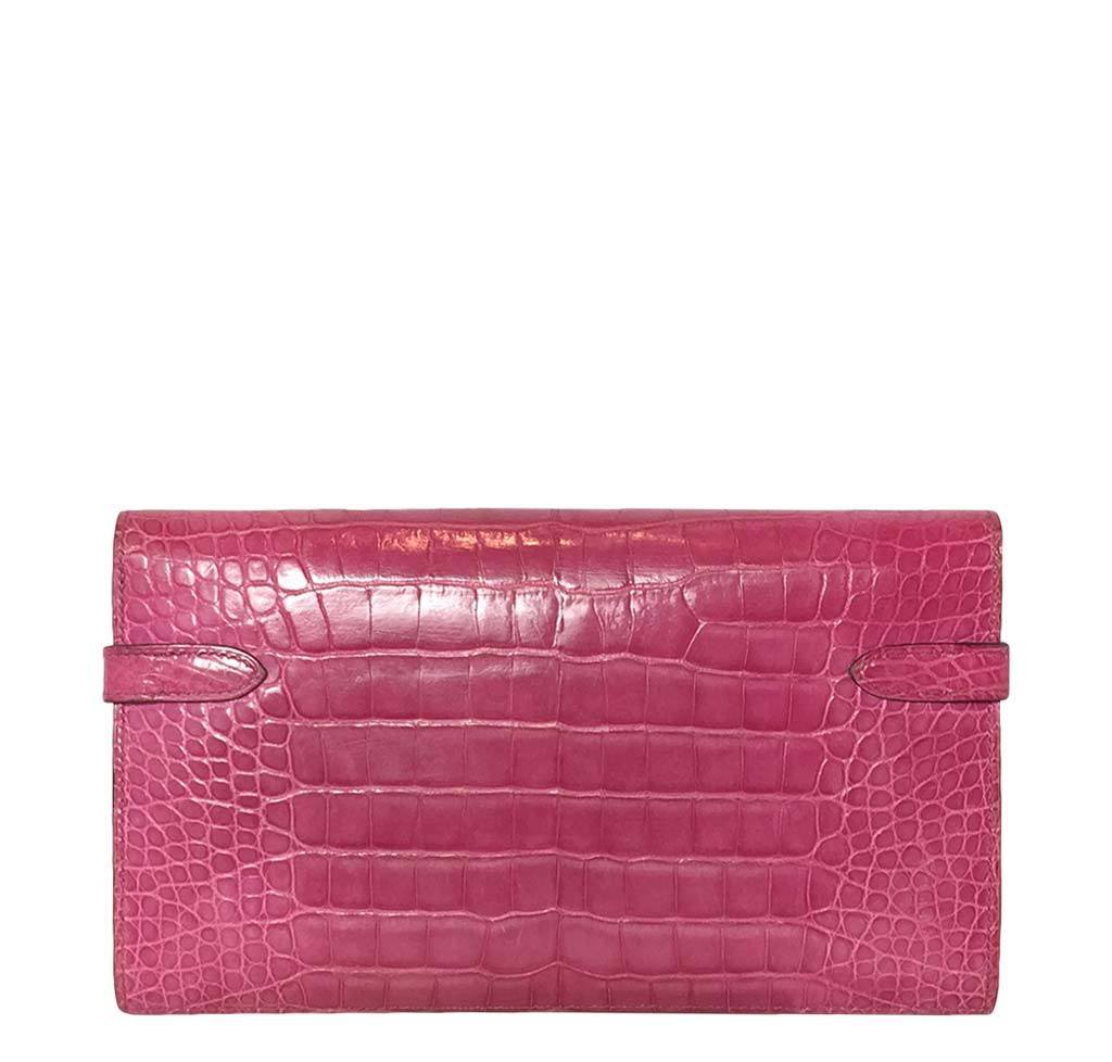 Hermes Kelly Long Wallet Clutch Fuchsia Alligator Leather Palladium Hardware