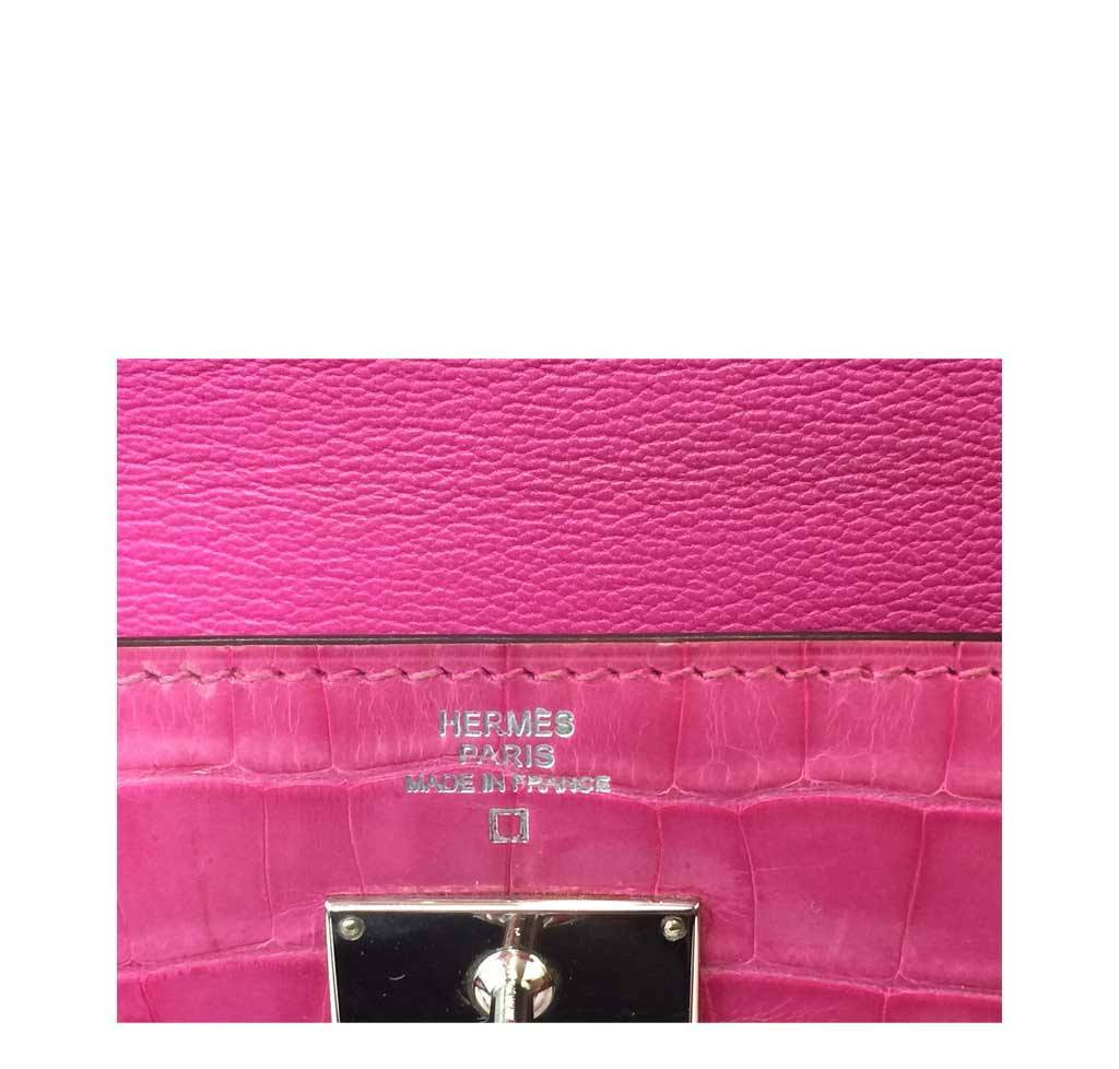 Hermes Kelly Long Wallet Clutch Fuchsia Alligator Leather Palladium Hardware