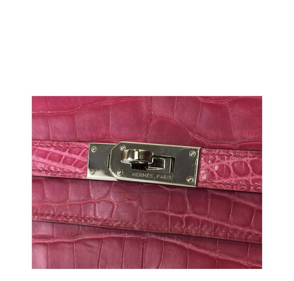 Hermes Kelly Long Wallet Clutch Fuchsia Alligator Leather Palladium Hardware