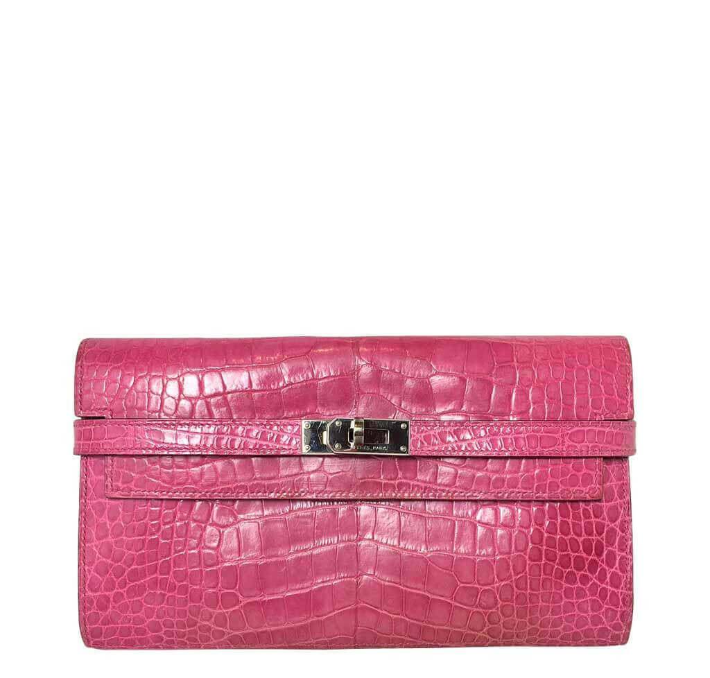 Hermes Kelly Long Wallet Clutch Fuchsia Alligator Leather Palladium Hardware
