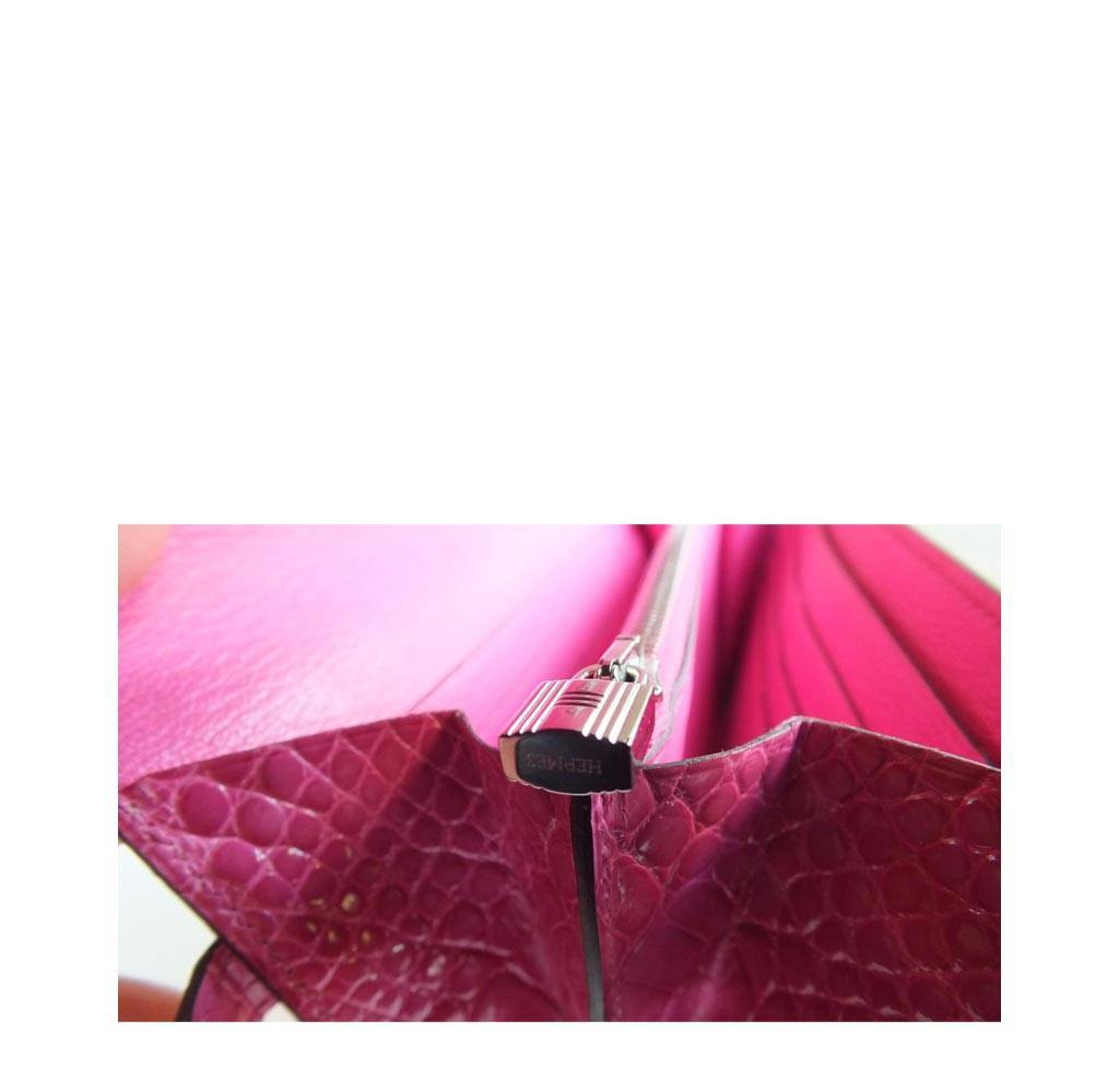 Hermes Kelly Long Wallet Clutch Fuchsia Alligator Leather Palladium Hardware