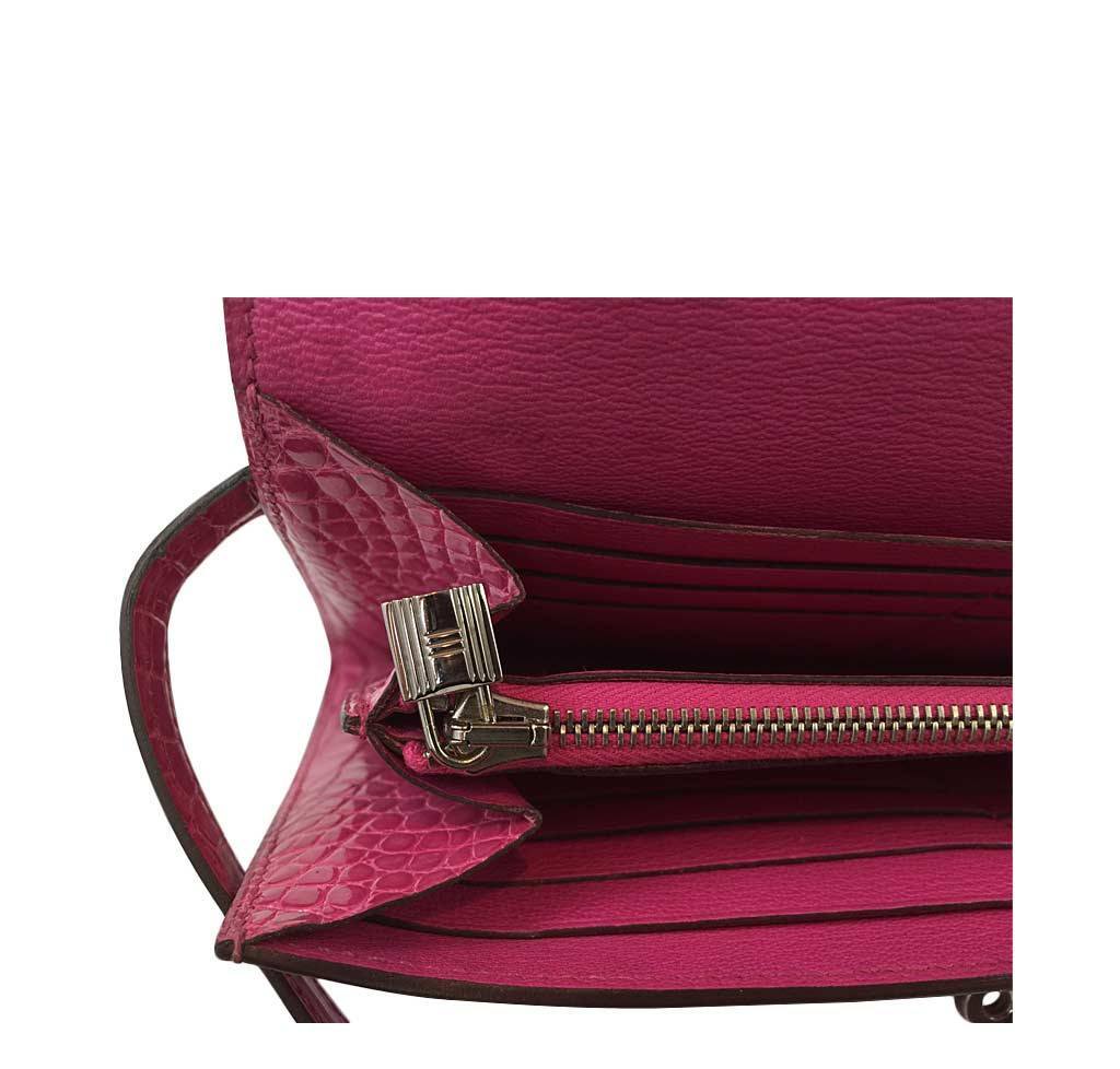 Hermes Kelly Long Wallet Clutch Fuchsia Alligator Leather Palladium Hardware