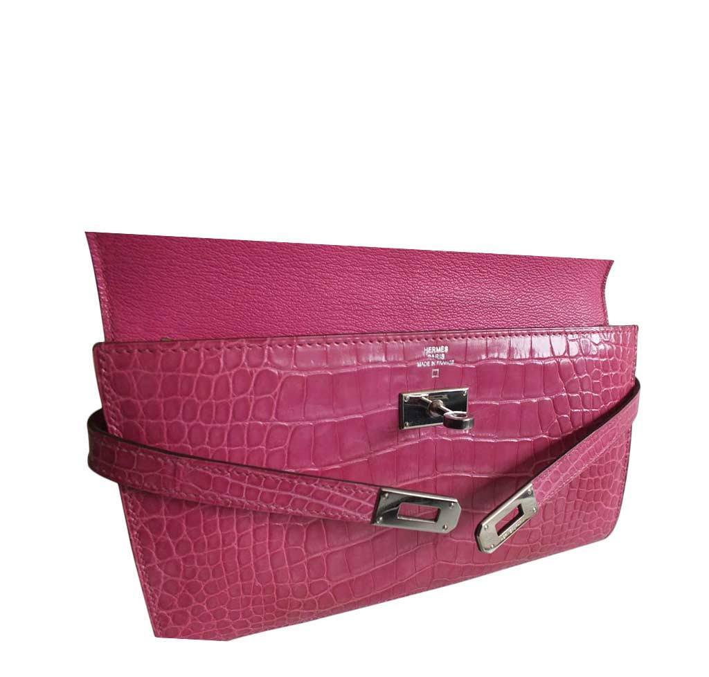 Hermes Kelly Long Wallet Clutch Fuchsia Alligator Leather Palladium Hardware