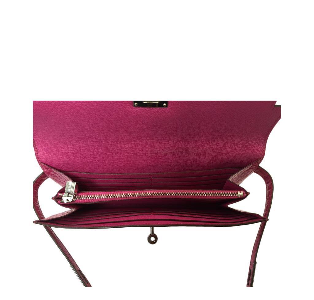 Hermes Kelly Long Wallet Clutch Fuchsia Alligator Leather Palladium Hardware