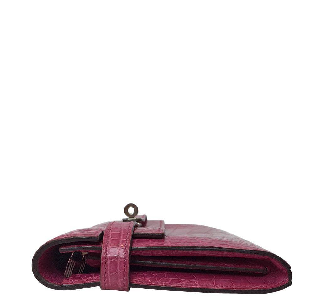 Hermes Kelly Long Wallet Clutch Fuchsia Alligator Leather Palladium Hardware