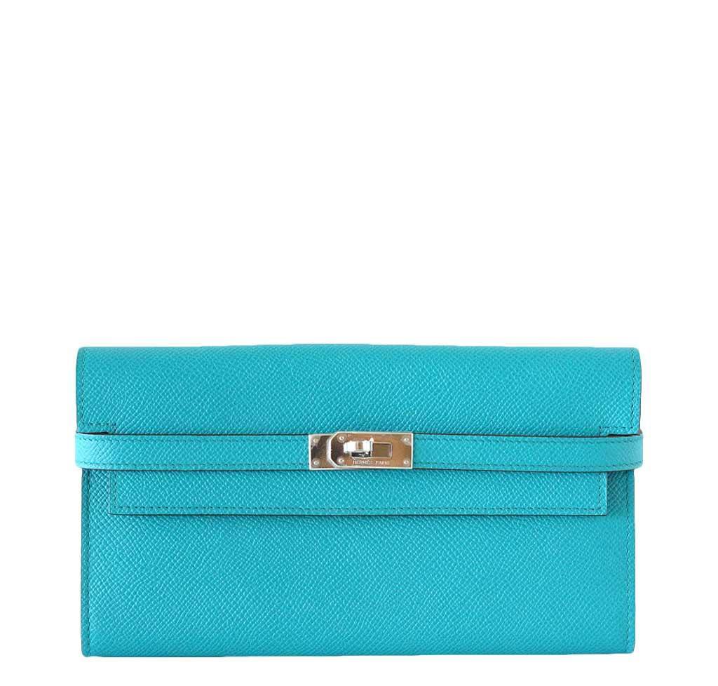 Hermes Kelly Long Wallet Clutch Paon Epsom Leather Palladium Hardware