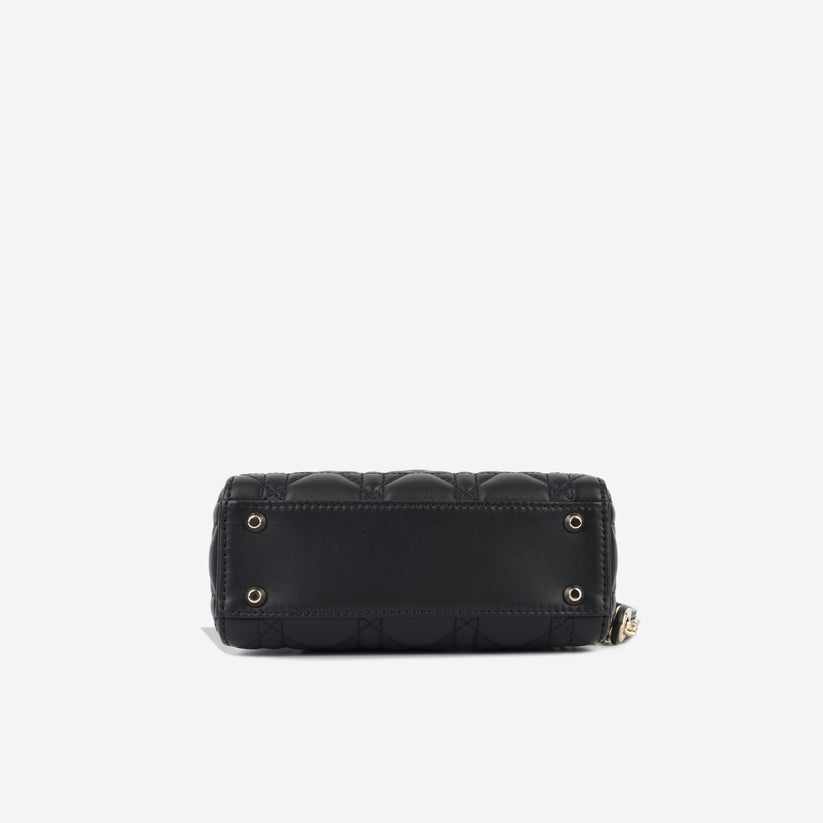 Detail view of Cannage stitching on Dior Lady Dior Small Bag in Black Lambskin