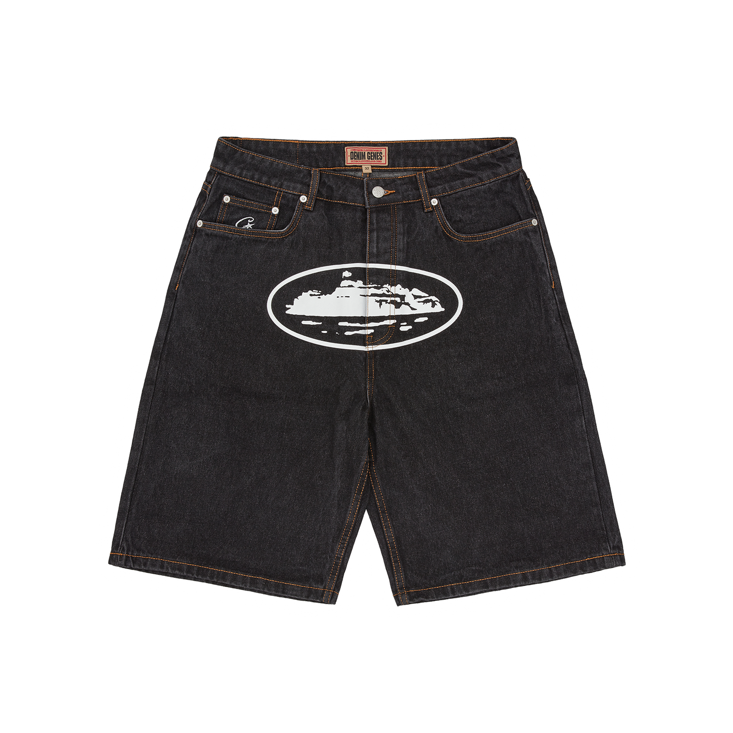 Corteiz Black Cotton Denim Shorts, Washed Black, front view showing straight leg fit and Alcatraz logo on the crotch