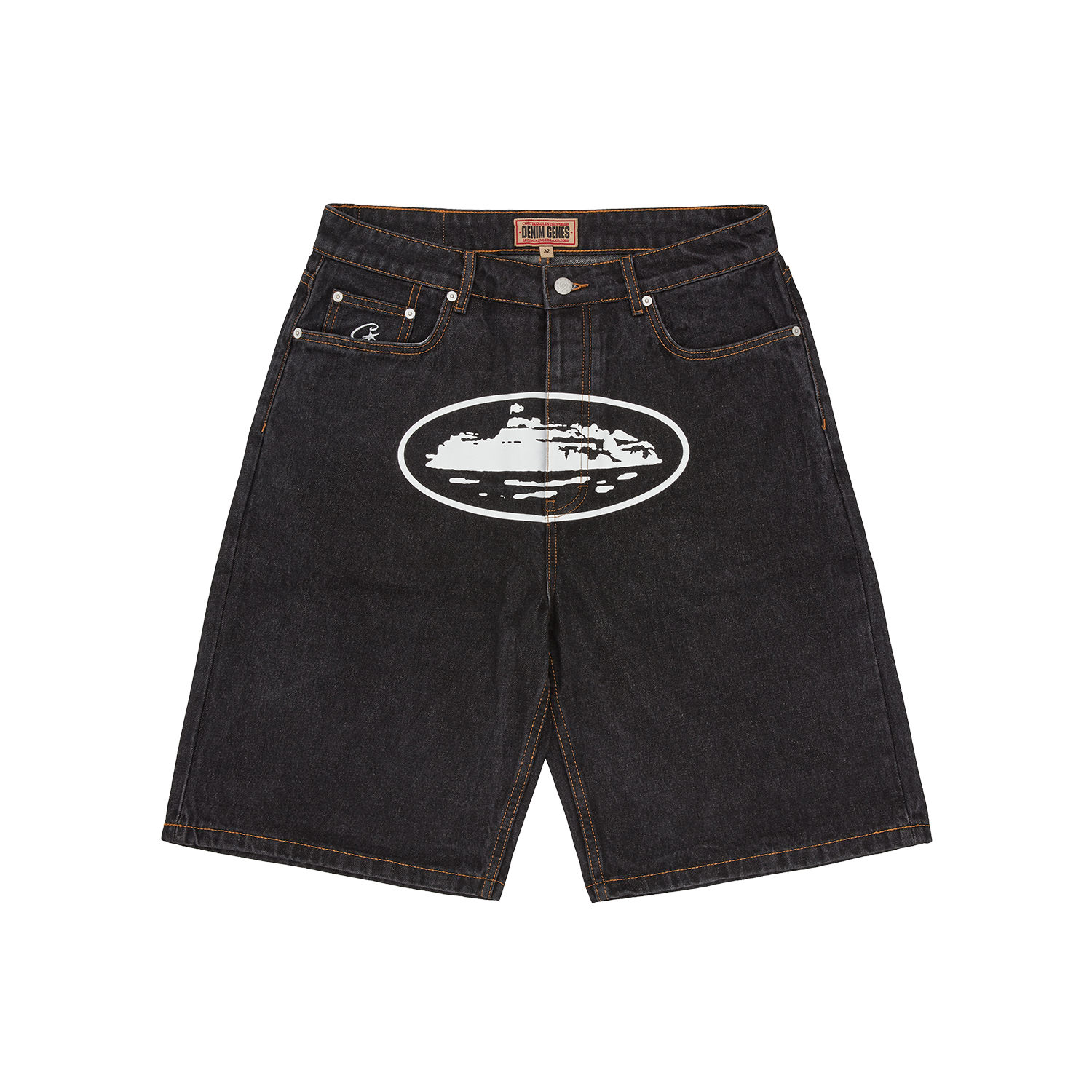 Corteiz Black Cotton Denim Shorts, Washed Black, front view showing straight leg fit and Alcatraz logo on the crotch