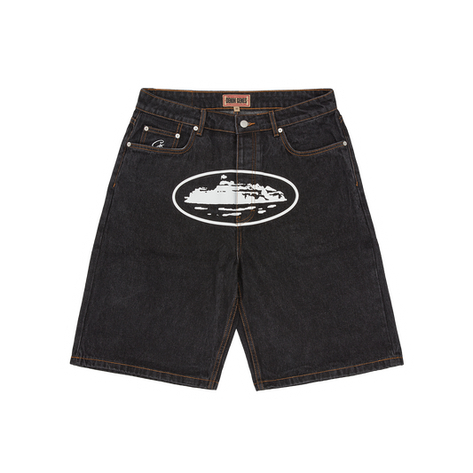 Corteiz Black Cotton Denim Shorts, Washed Black, front view showing straight leg fit and Alcatraz logo on the crotch