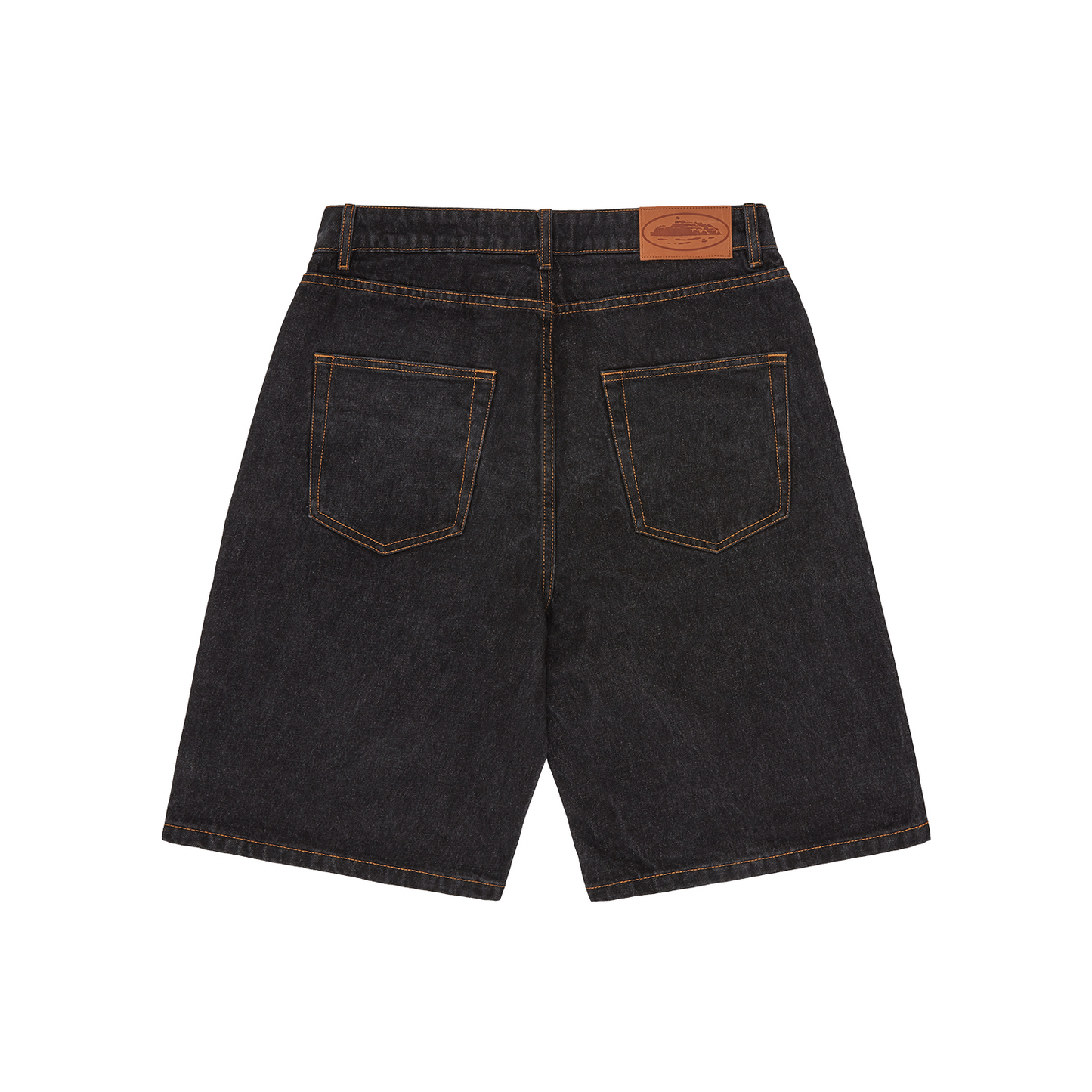 Corteiz Black Cotton Denim Shorts, Washed Black, back view showing rear patch and coin pocket detail