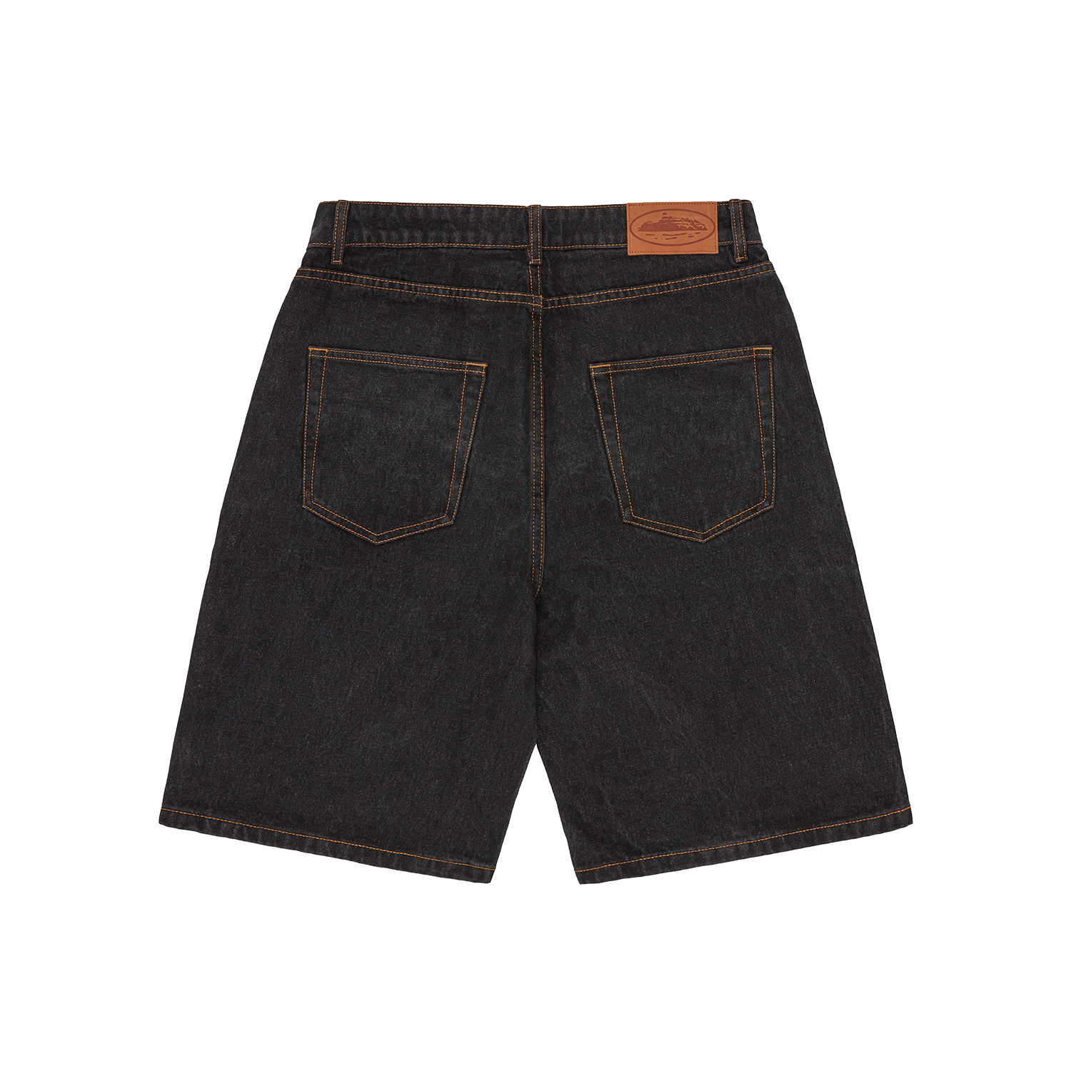 Corteiz Black Cotton Denim Shorts, Washed Black, back view showing rear patch and coin pocket detail