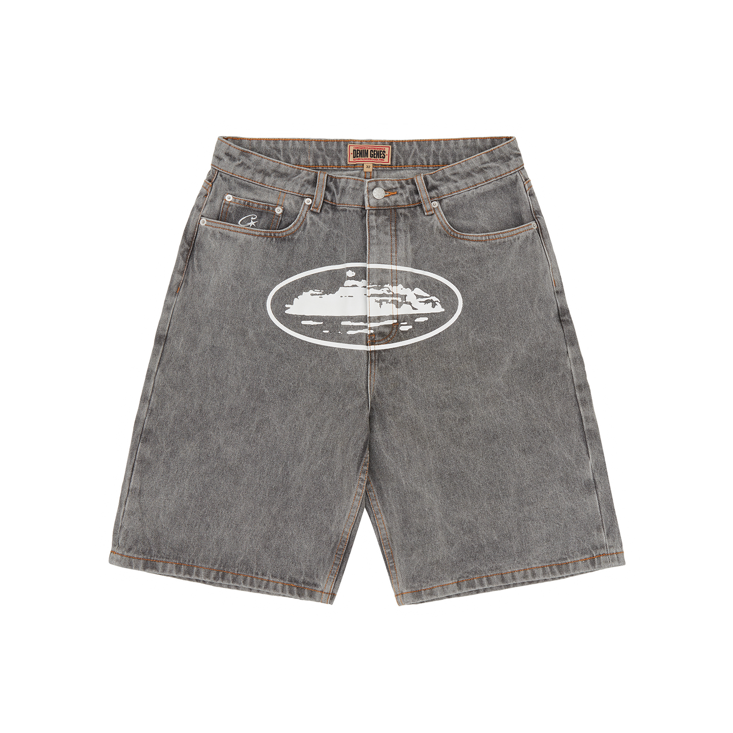 Corteiz Grey Cotton Denim Shorts, Light Grey, front view showing straight leg fit and Alcatraz logo on the crotch