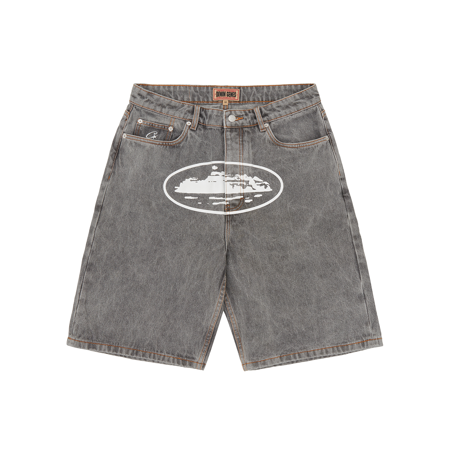 Corteiz Grey Cotton Denim Shorts, Light Grey, front view showing straight leg fit and Alcatraz logo on the crotch