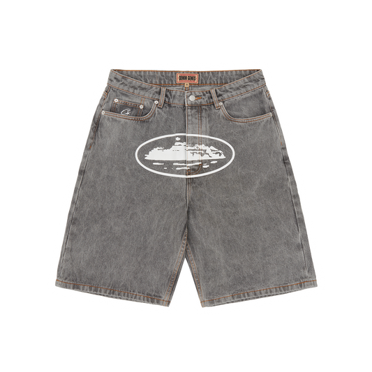 Corteiz Grey Cotton Denim Shorts, Light Grey, front view showing straight leg fit and Alcatraz logo on the crotch