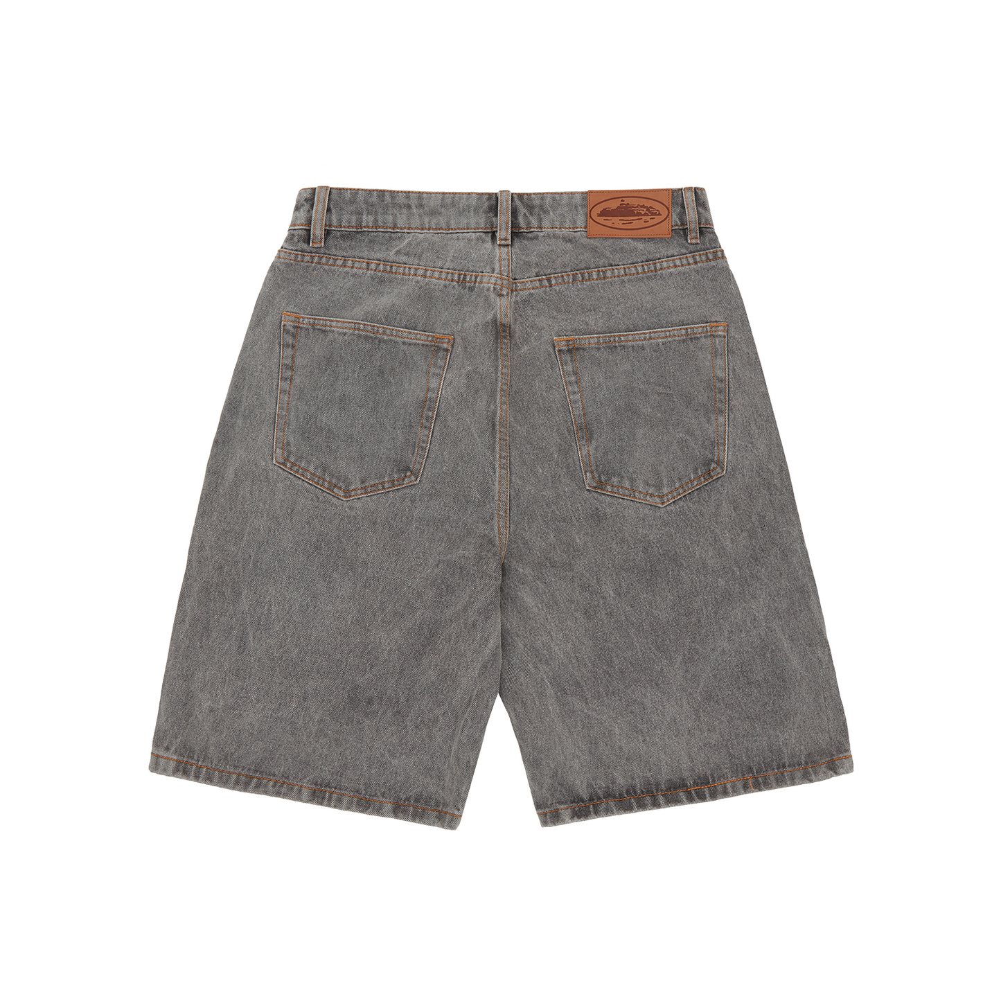 Corteiz Grey Cotton Denim Shorts, Light Grey, back view showing rear patch and coin pocket detail