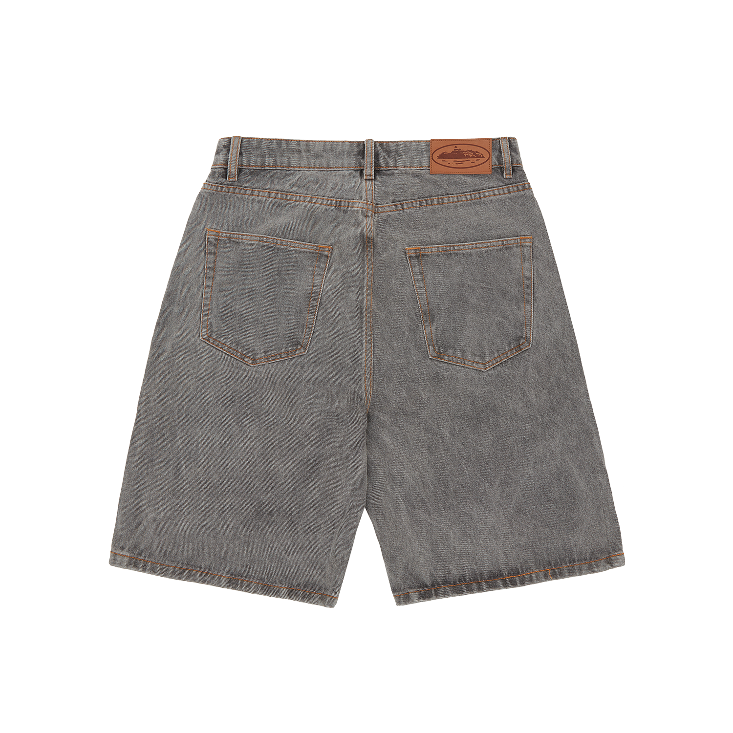 Corteiz Grey Cotton Denim Shorts, Light Grey, back view showing rear patch and coin pocket detail